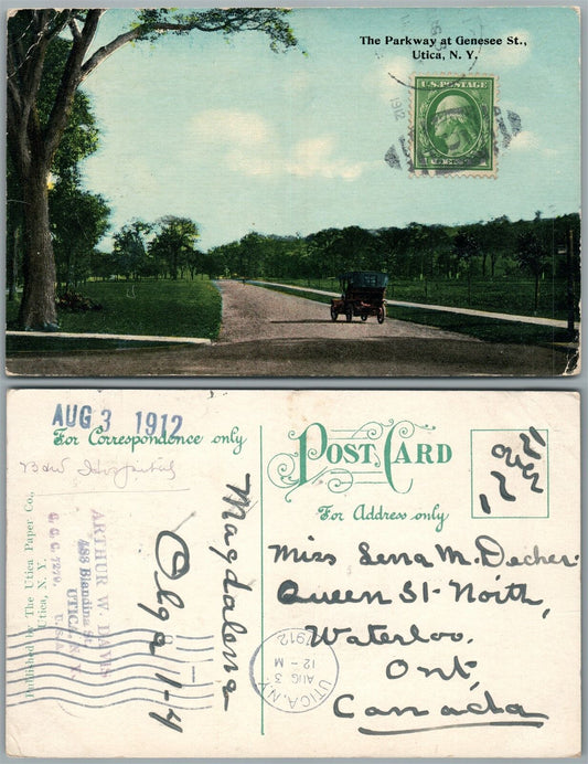 UTICA N.Y. PARKWAY AT GENESEE STREET 1912 ANTIQUE POSTCARD w/ CORK CANCEL