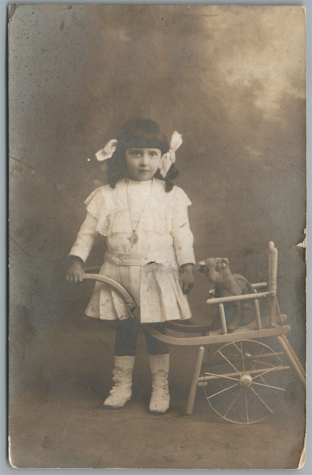 LITTLE GIRL w/ PLUSH TOY ANTIQUE REAL PHOTO POSTCARD RPPC