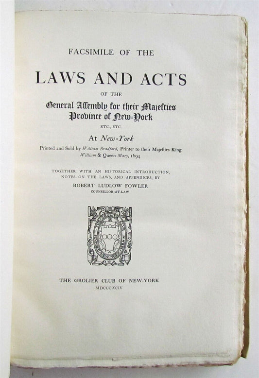 1894 FACSIMILE of LAWS & ACTS of GENERAL ASSEMBLY of NEW YORK antique VELLUM