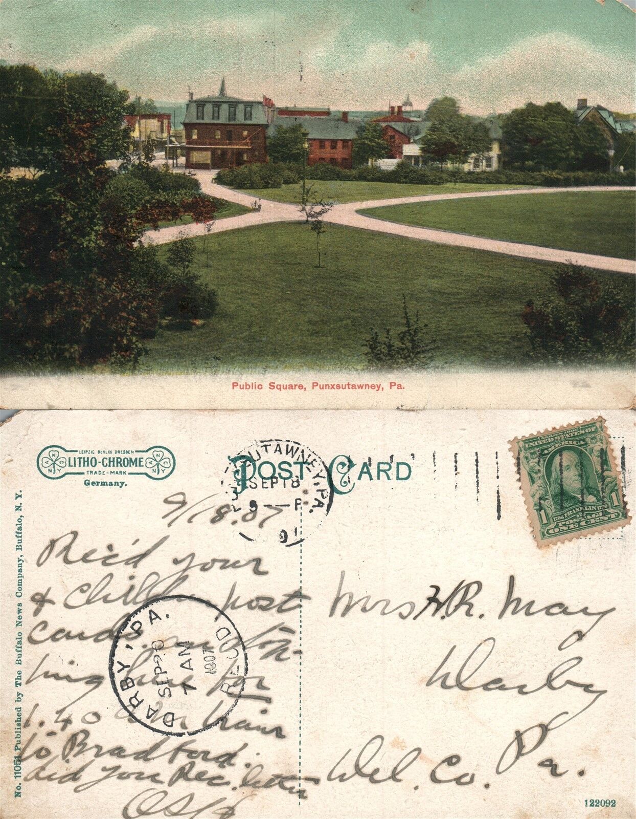 PUNXSUTAWNEY PA PUBLIC SQUARE 1907 ANTIQUE POSTCARD