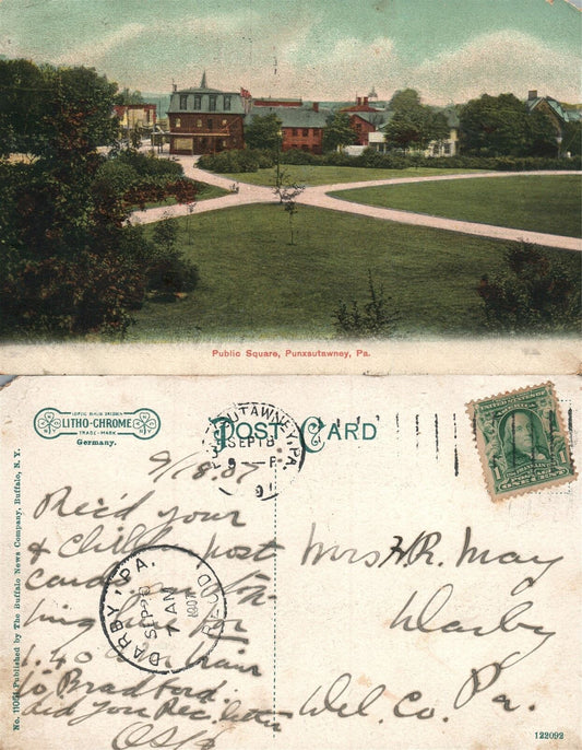 PUNXSUTAWNEY PA PUBLIC SQUARE 1907 ANTIQUE POSTCARD