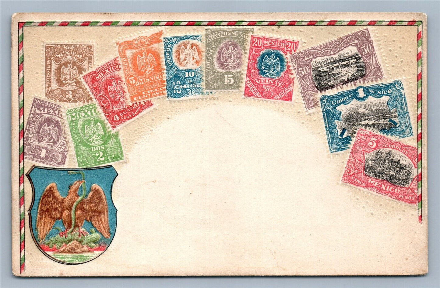 MEXICAN STAMPS EMBOSSED ANTIQUE POSTCARD MEXICO