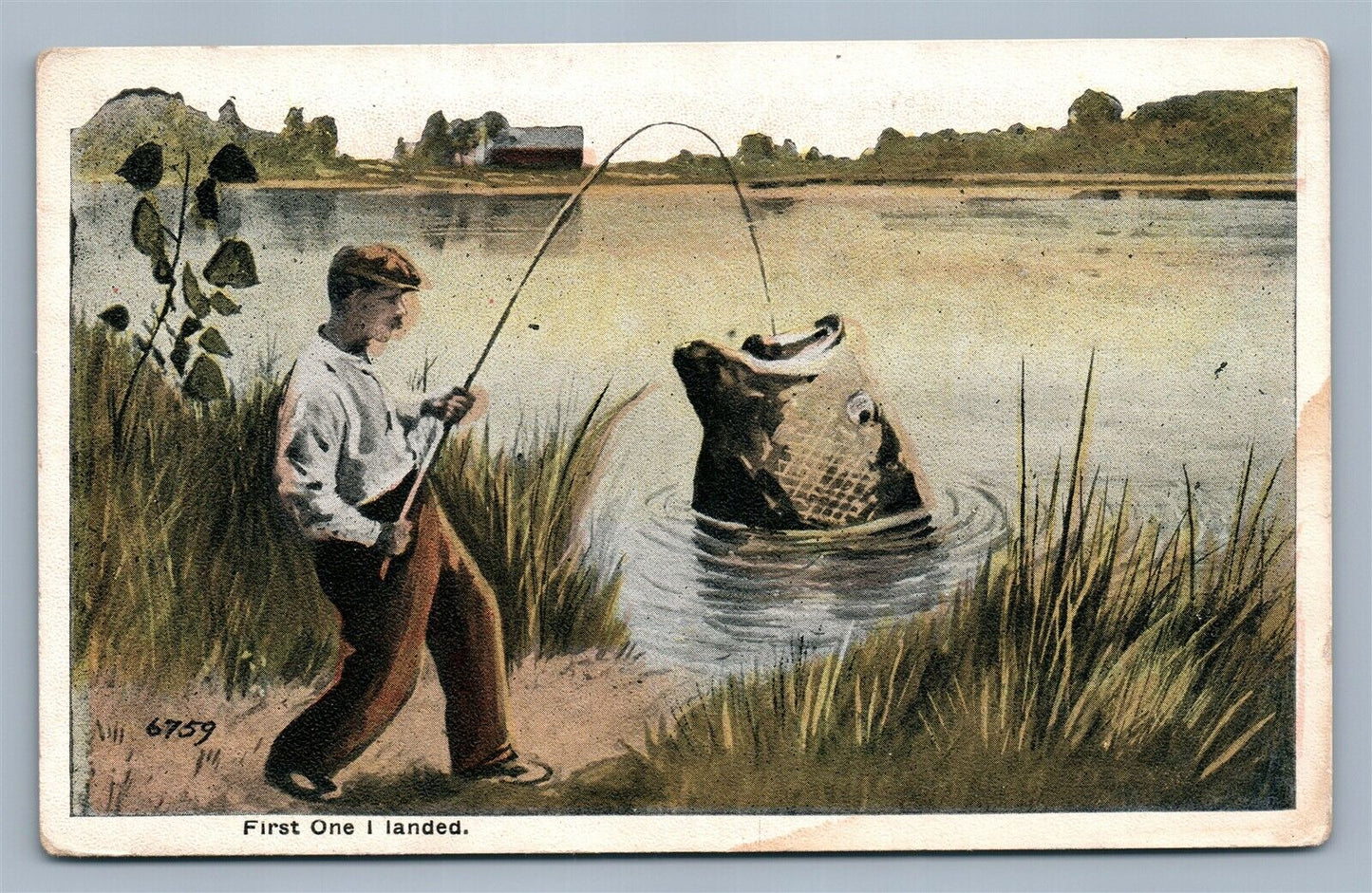 EXAGGERATED FISHING ANTIQUE POSTCARD FIRST ONE I LANDED