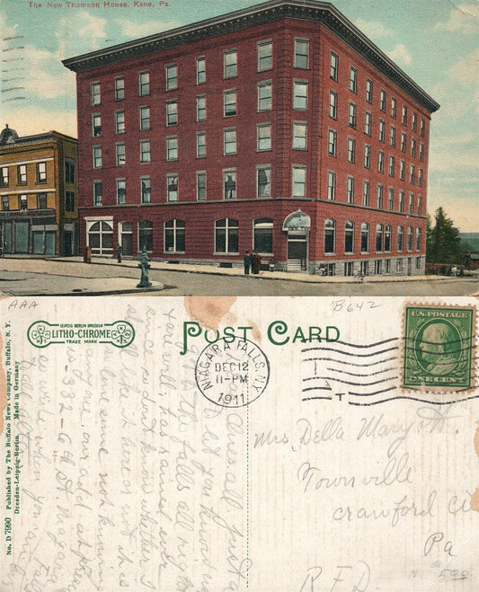 KANE PA NEW THOMSON HOUSE 1911 ANTIQUE POSTCARD