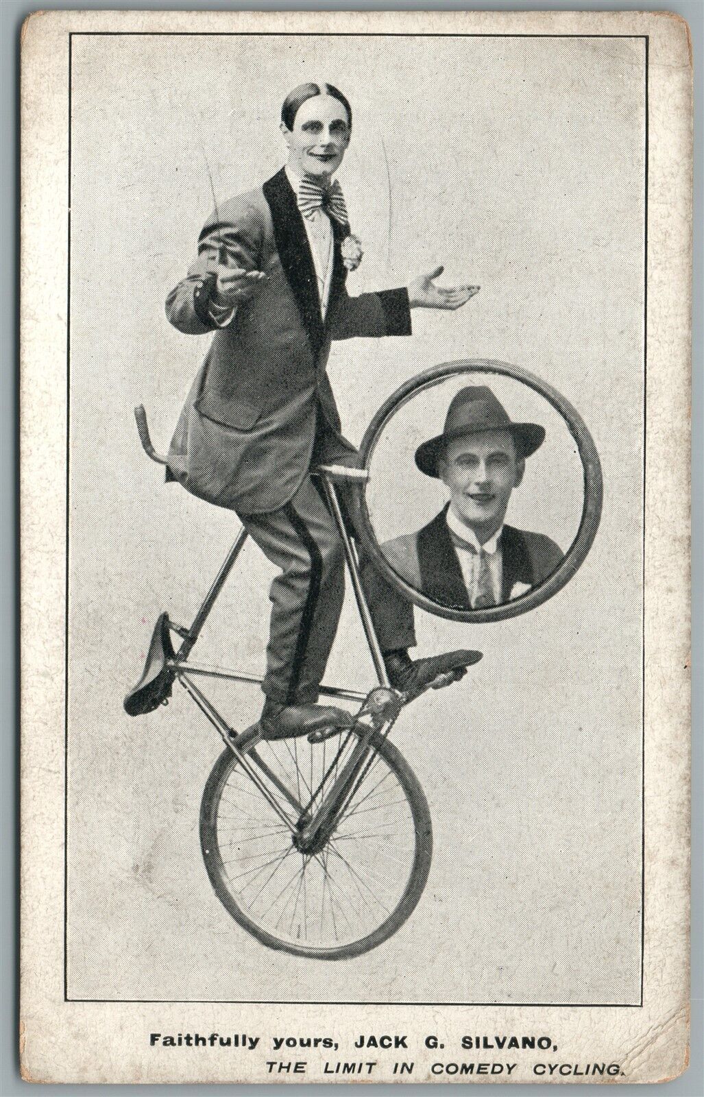BICYCLE CIRCUS JACK SILVANO COMEDY CYCLIST ANTIQUE POSTCARD