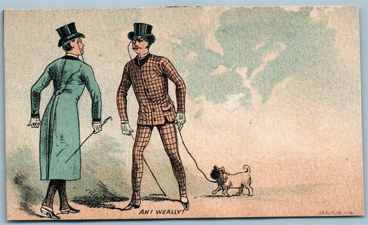 BOOTS SHOES ANTIQUE ADVERTISING VICTORIAN TRADE CARD MENS WALKING DOG