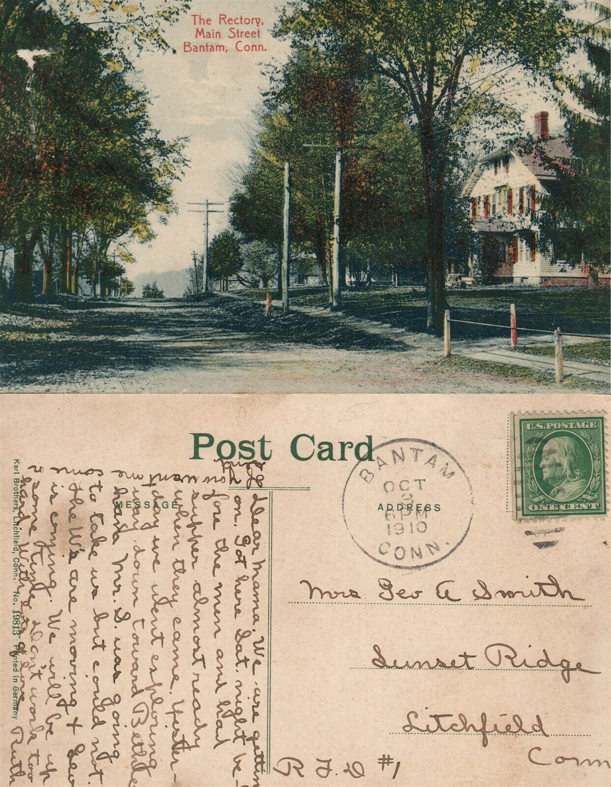 BANTAM CT MAIN STREET 1910 ANTIQUE POSTCARD