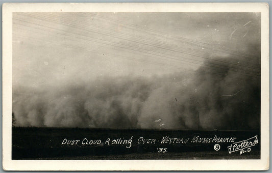 DUST CLOUD ROLLING OVER WESTERN KANSAS PRAIRIE VINTAGE REAL PHOTO POSTCARD RPPC