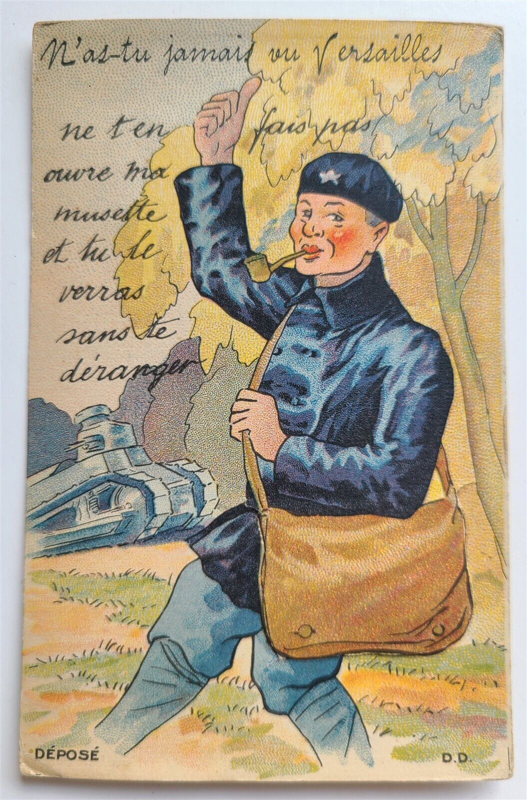 FRENCH ANTIQUE COMIC POSTCARD MAILMAN w/ TANK VERSAILLES FOLDING MINIATURE VIEWS