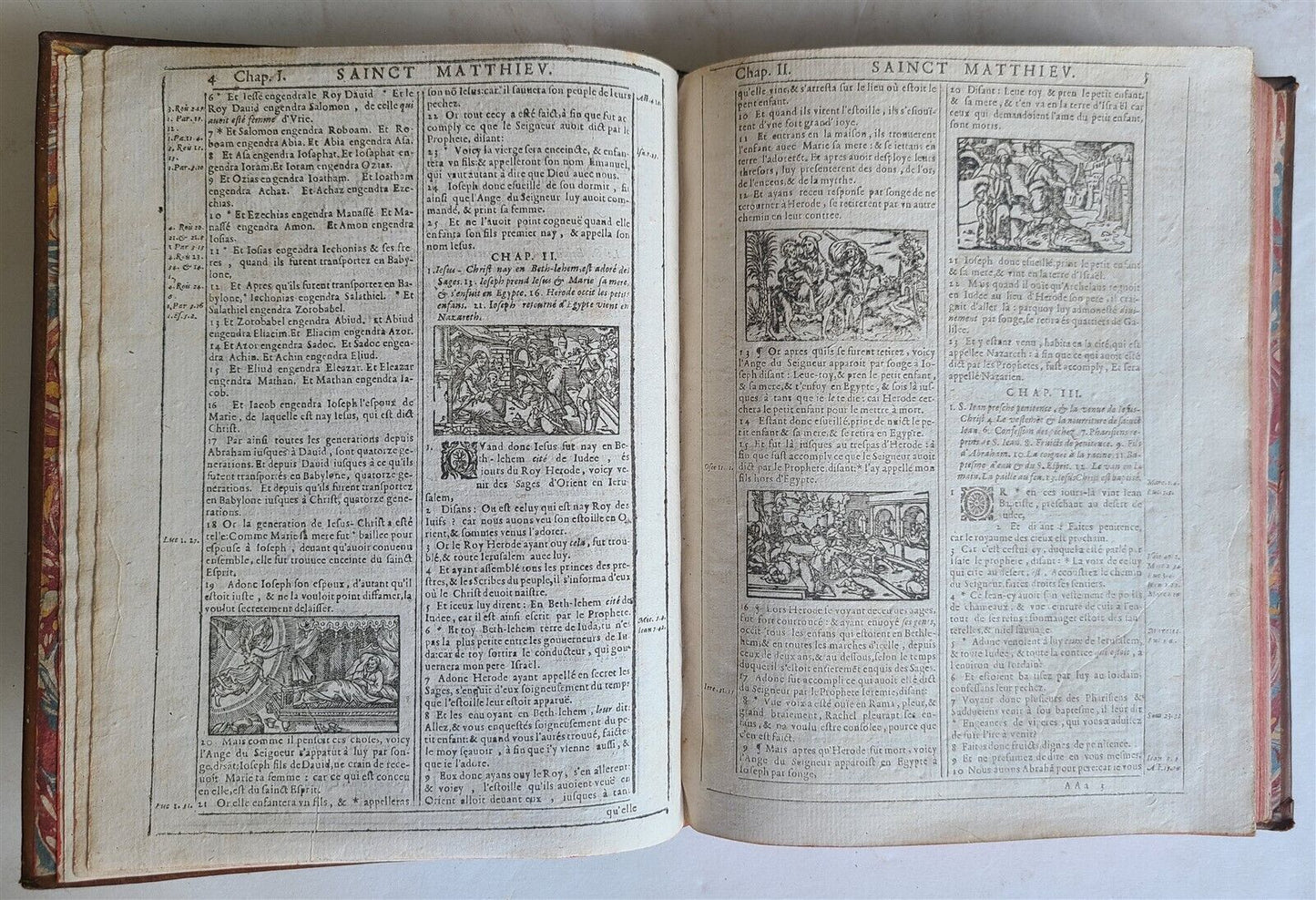 1620 BIBLE in FRENCH ANTIQUE ILLUSTRATED w/ 215 WOODCUTS !