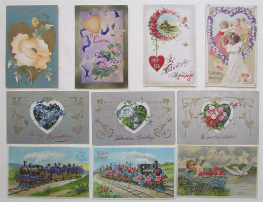 LOT of 10 VALENTINE ANTIQUE EMBOSSED POSTCARDS w/ FLOWERS TRAINS CUPID