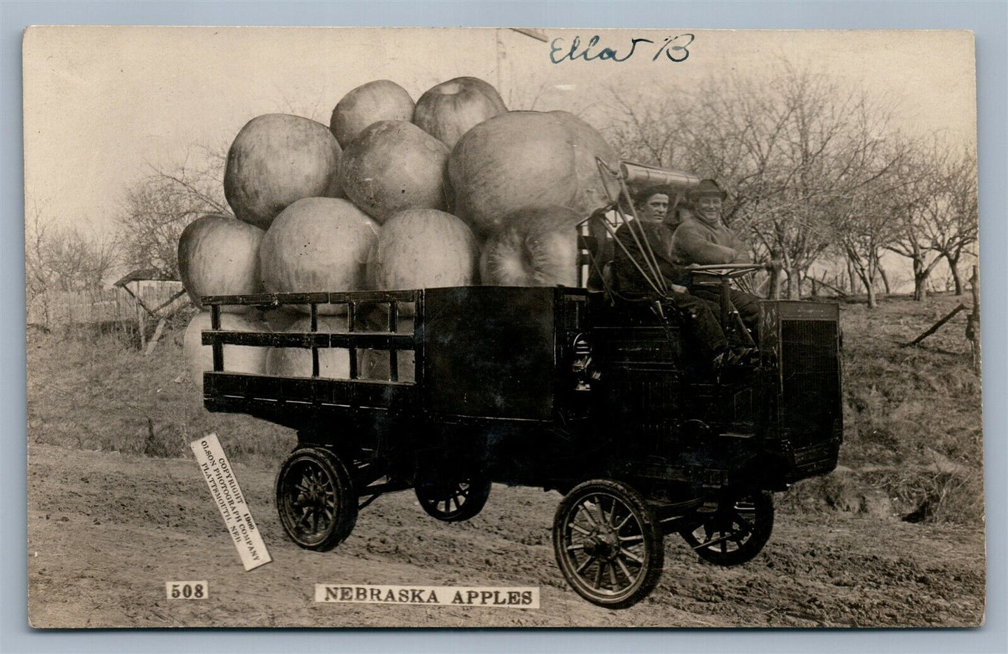 EXAGGERATED NEBRASKA APPLES TRUCK ANTIQUE REAL PHOTO POSTCARD RPPC COLLAGE 1915