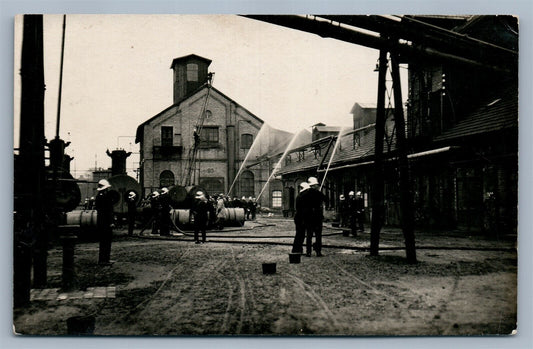 FIRE FIGHTERS in ACTION ANTIQUE REAL PHOTO POSTCARD RPPC