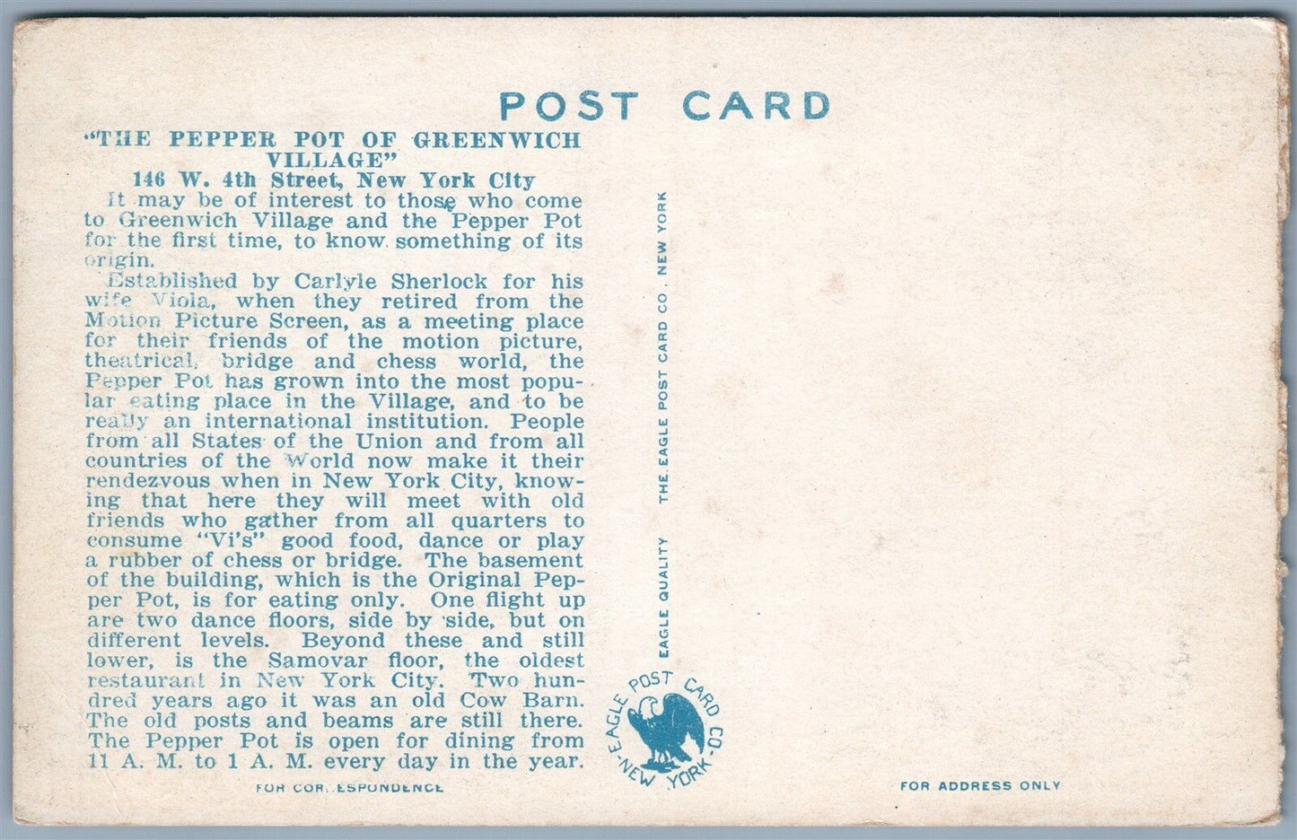 GREENWICH VILLAGE NEW YORK NY PEPPER POT VIOLA'S PRIVATE STUDIO ANTIQUE POSTCARD