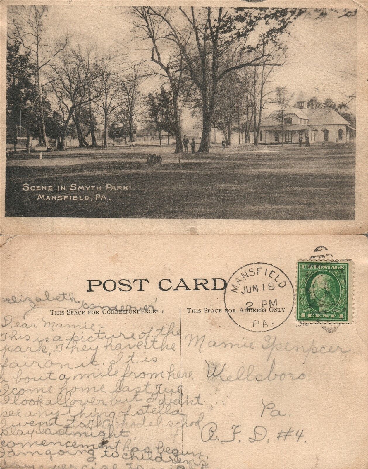 MANSFIELD PA SMYTH PARK ANTIQUE POSTCARD w/ CORK CANCEL