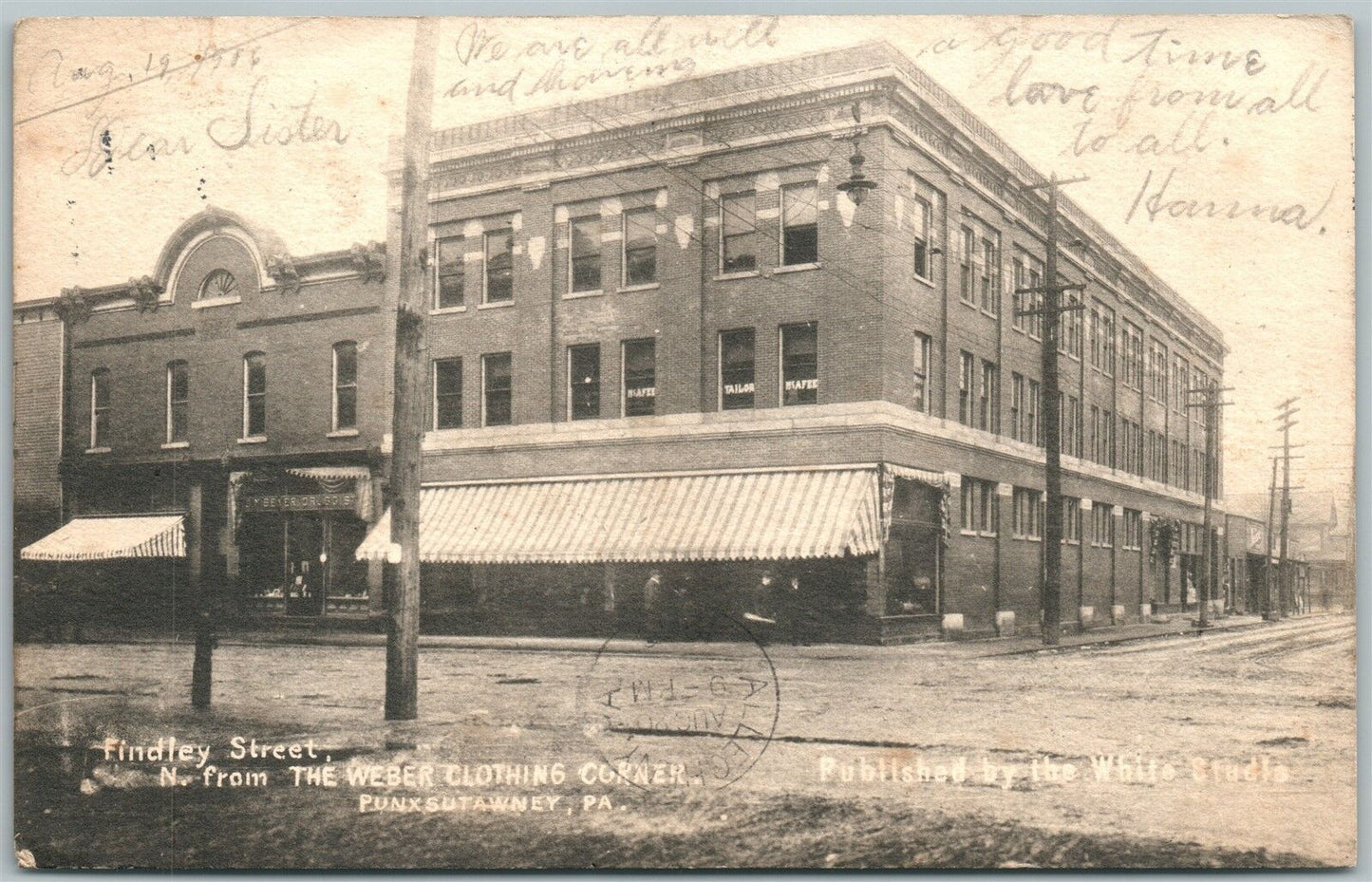 PUNXSUTAWNEY PA FINDLEY STREET from WEBER CLOTHING CORNER 1906 ANTIQUE POSTCARD