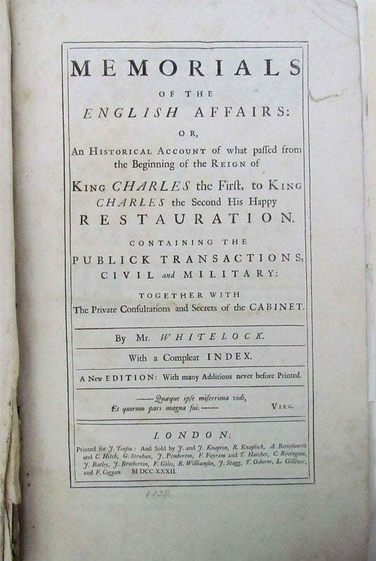 1732 MEMORIALS OF ENGLISH AFFAIRS by WHITELOCK antique LARGE FOLIO