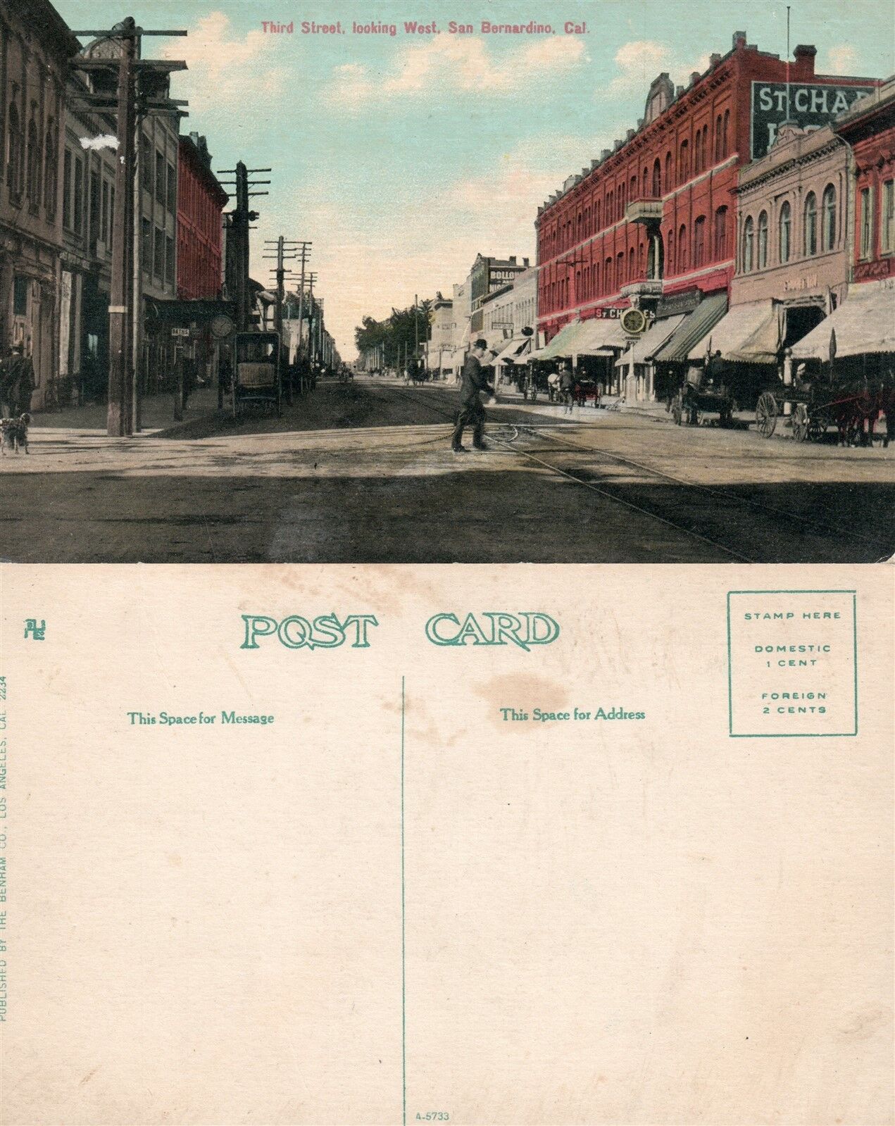 SAN BERNARDINO CA THIRD STREET LOOKING WEST ANTIQUE POSTCARD