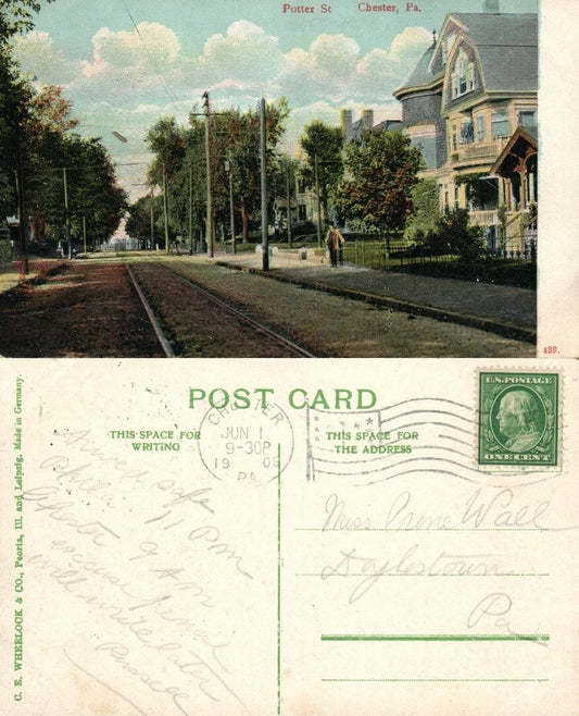 CHESTER PA POTTER STREET 1909 ANTIQUE POSTCARD railroad railway tracks