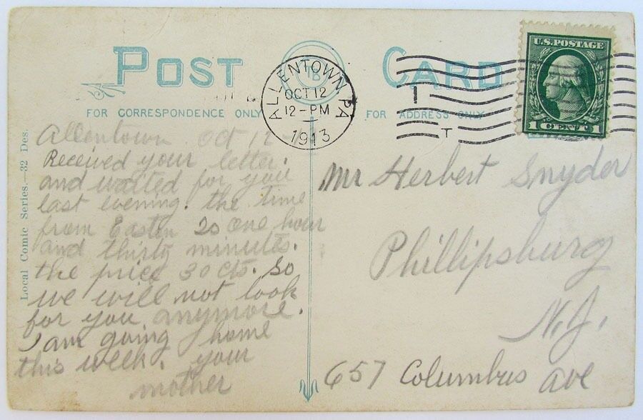 1913 ANTIQUE ROMANTIC POSTCARD - IT'S EASY TO STRING THEM IN ALLENTOWN PA