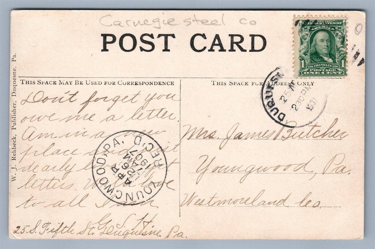 DUQUESNE PA CARNEGIE STEEL COMPANY OFFICES ANTIQUE POSTCARD