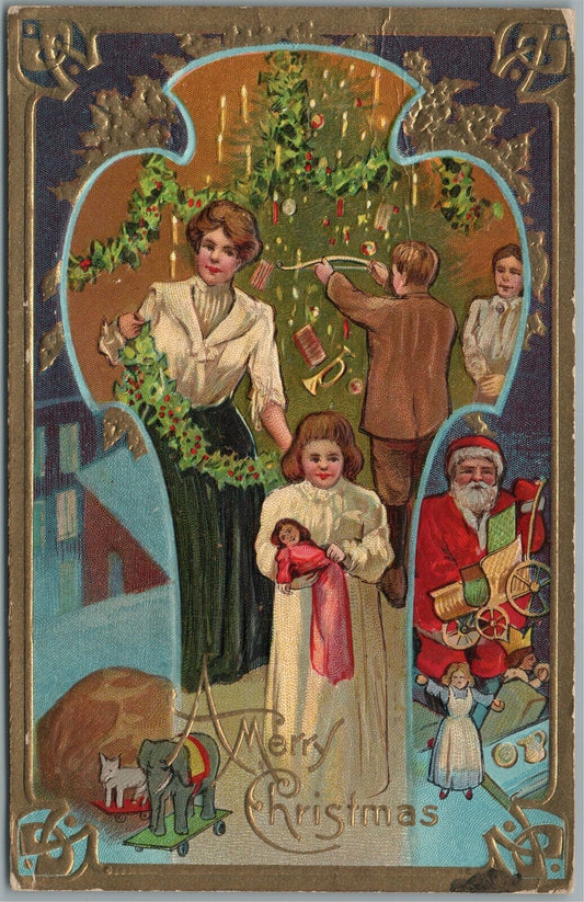 SANTA MERRY CHRISTMAS TREE DECORATING ANTIQUE POSTCARD