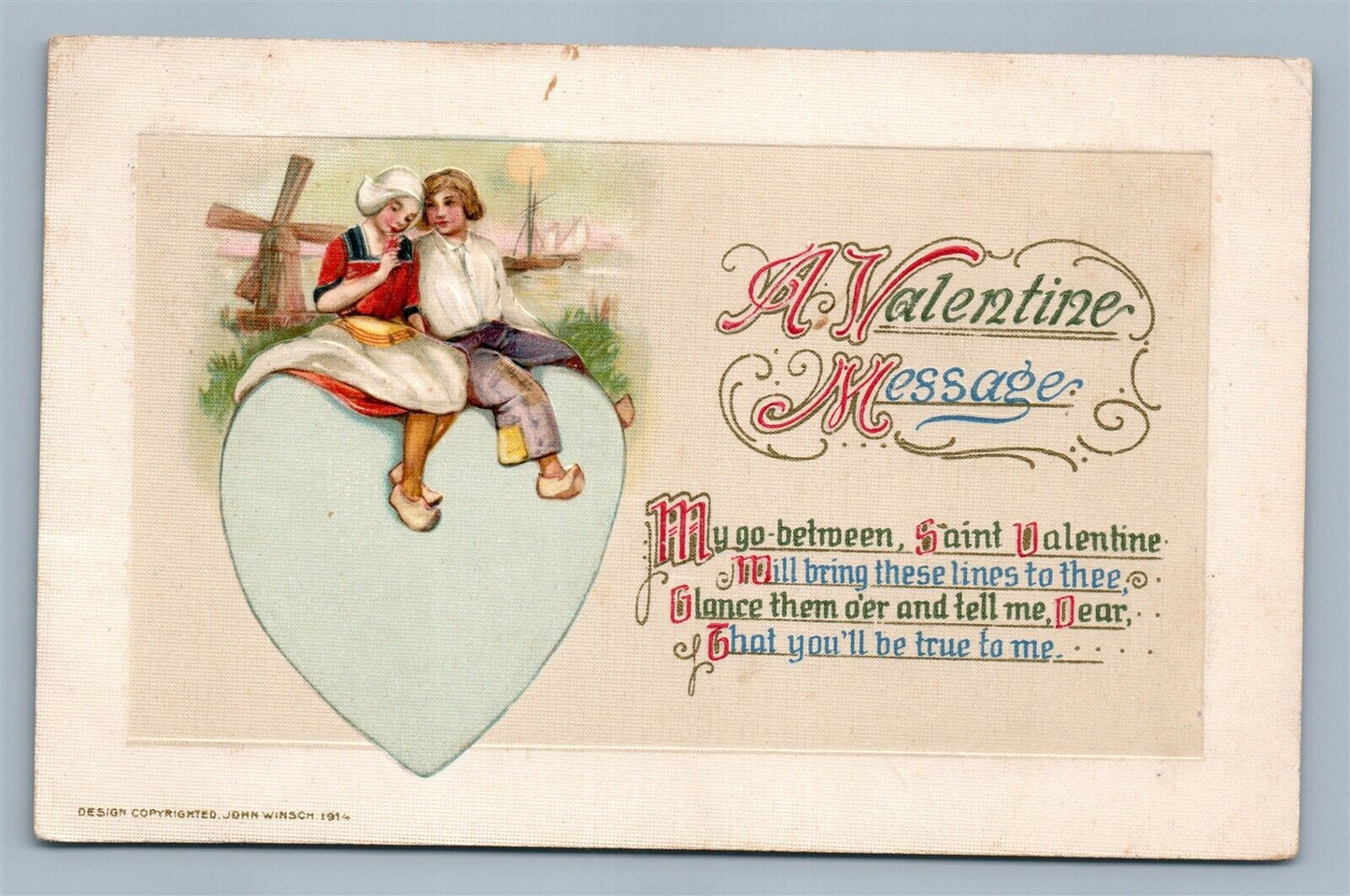 VALENTINE MESSAGE 1914 EMBOSSED ANTIQUE POSTCARD by JOHN WINSCH DUTCH COUPLE