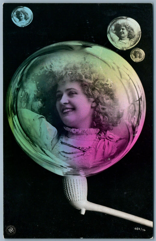COCA COLA GIRL HILDA CLARK PHOTOMONTAGE SOAP BUBBLE PIPE ANTIQUE REAL PHOTO RPPC