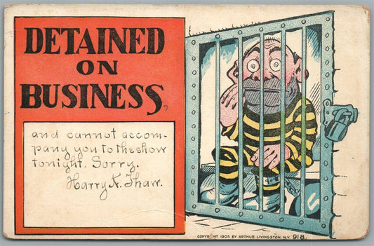 PRISONER COMIC ANTIQUE POSTCARD detained on business