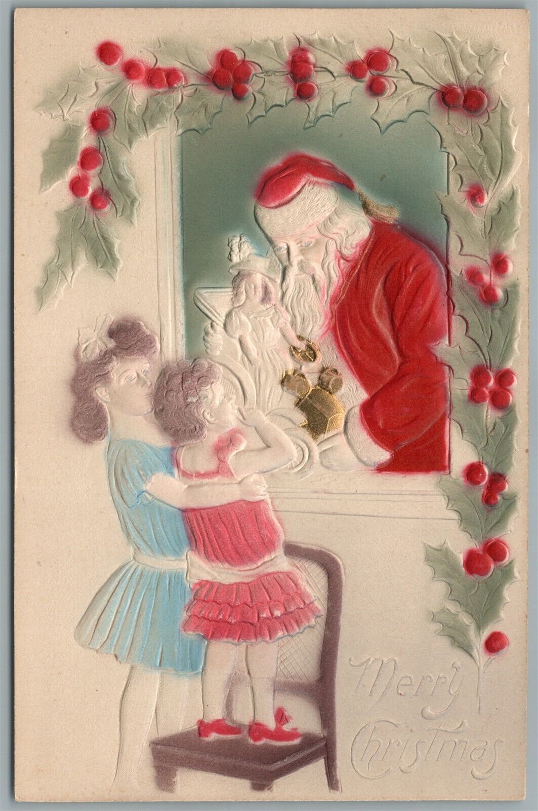 SANTA w/ KIDS MERRY CHRISTMAS EMBOSSED ANTIQUE POSTCARD