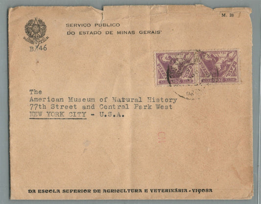 BRAZIL to NEW YORK AMERICAN MUSEUM of NATURAL HISTORY VINTAGE COVER w/ STAMPS