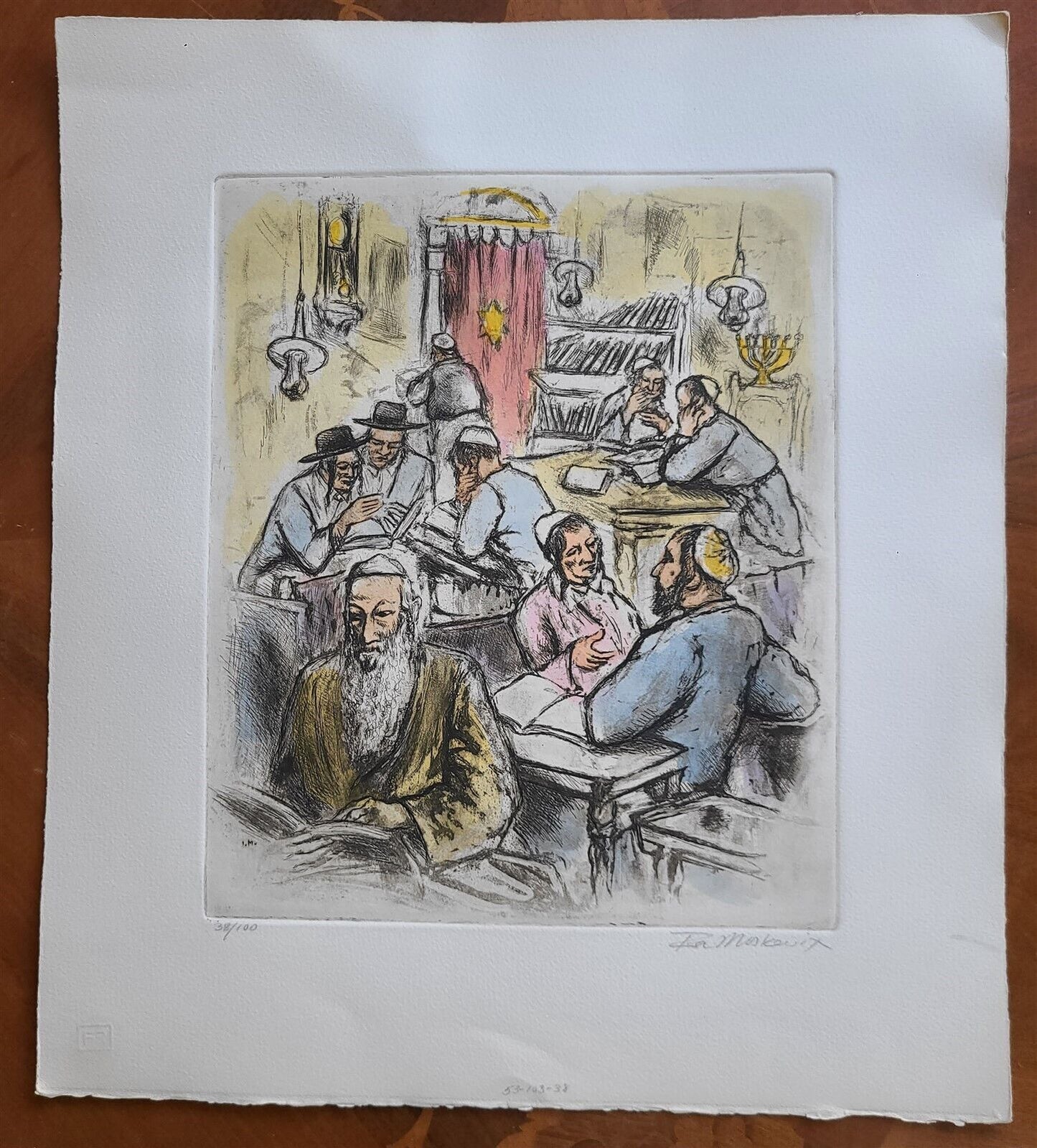 SYNAGOGUE SCENE ORIGINAL HAND COLORED SIGNED ETCHING by IRA MOSKOWITZ Judaica