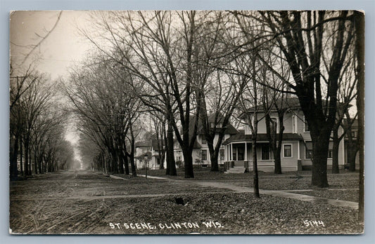 CLINTON WI STREET SCENE ANTIQUE REAL PHOTO POSTCARD RPPC w/ CORK CANCEL