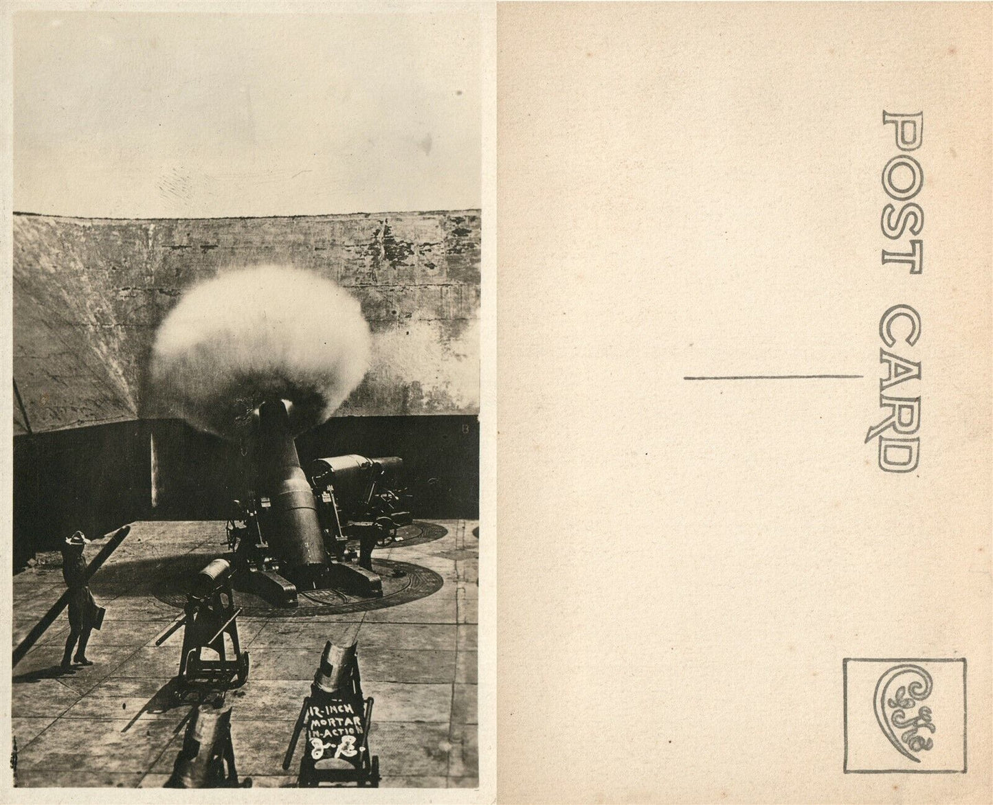 12" MORTAR IN ACTION REAL PHOTO POSTCARD ANTIQUE RPPC artillery