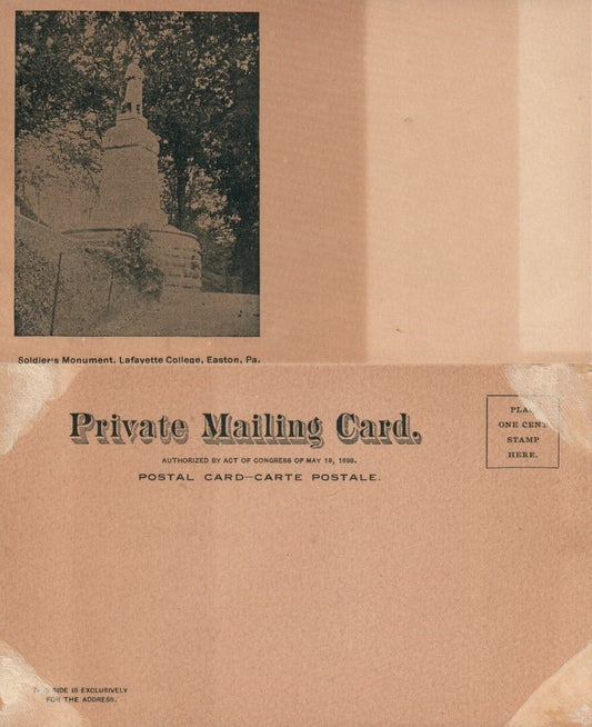EASTON PA LAFAYETTE COLLEGE SOLDIERS MONUMENT ANTIQUE POSTCARD PRIVATE MAILING
