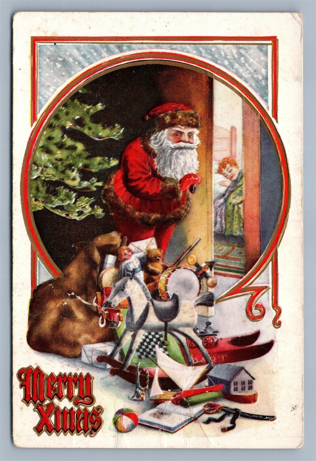 SANTA CLAUS w/ GIFTS DOLLS CHRISTMAS TREE 1913 EMBOSSED ANTIQUE POSTCARD