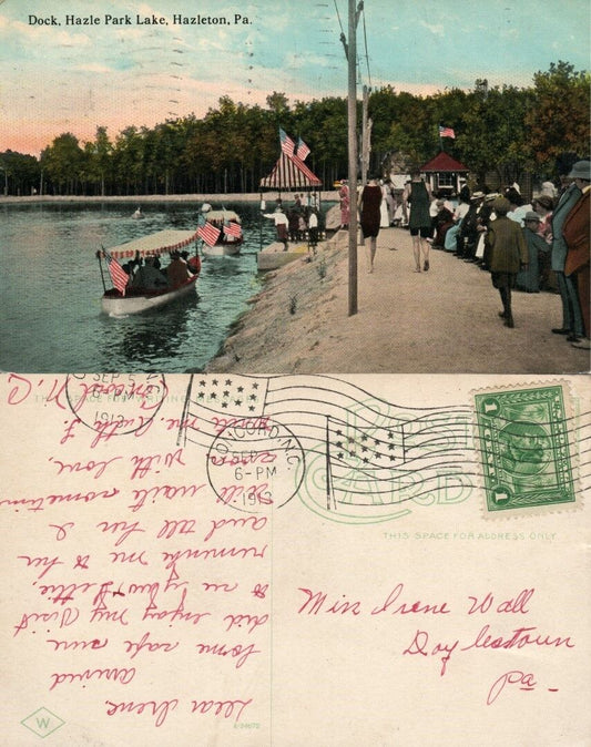 HAZLETON PA DOCK HAZLE PARK LAKE 1913 ANTIQUE POSTCARD