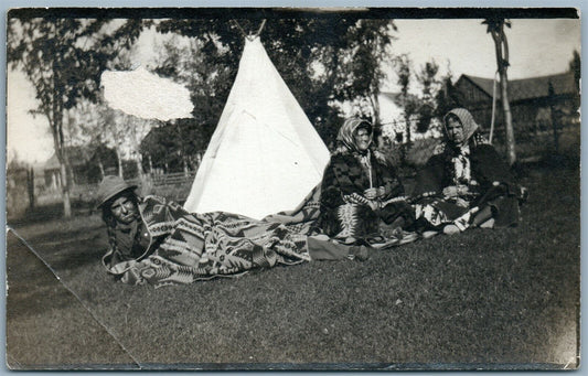 AMERICAN INDIANS w/ WIGWAM ANTIQUE REAL PHOTO POSTCARD RPPC