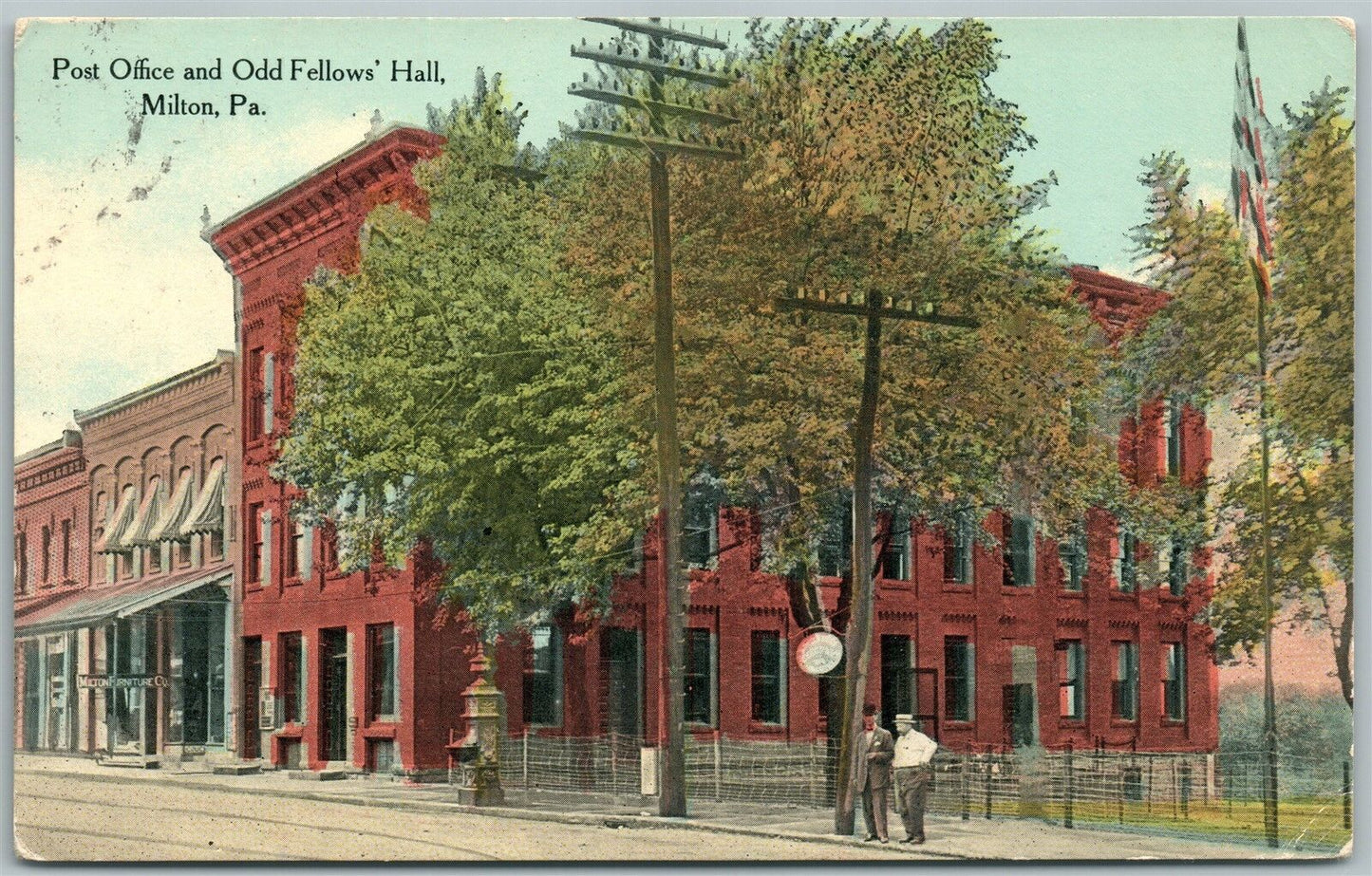 MILTON PA POST OFFICE & ODD FELLOWS HALL 1911 ANTIQUE POSTCARD w/ CORK CANCEL