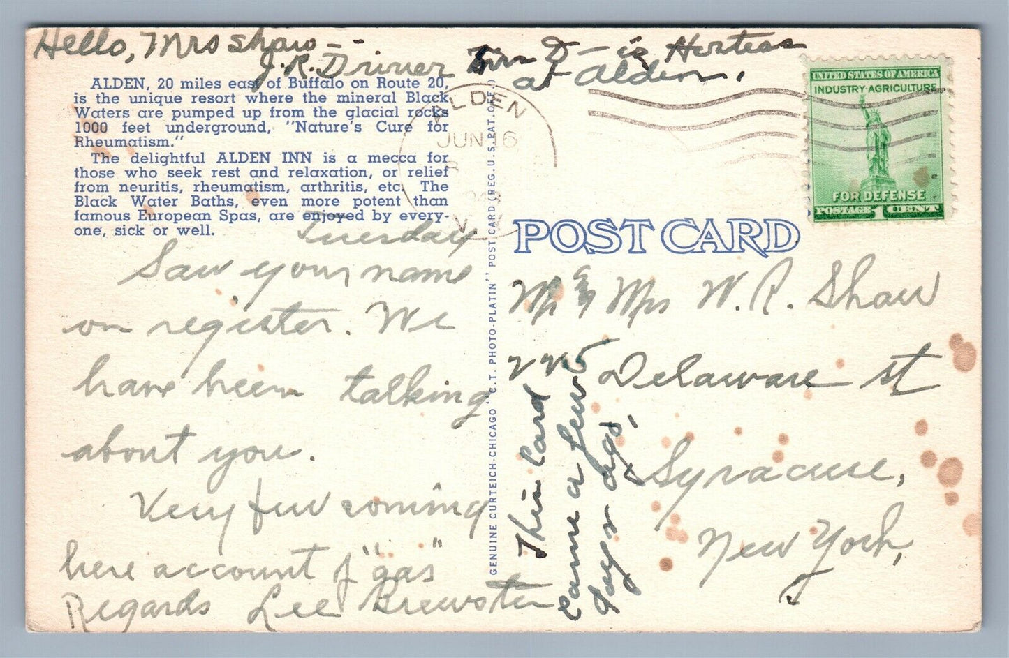 ALDEN INN NY VINTAGE POSTCARD