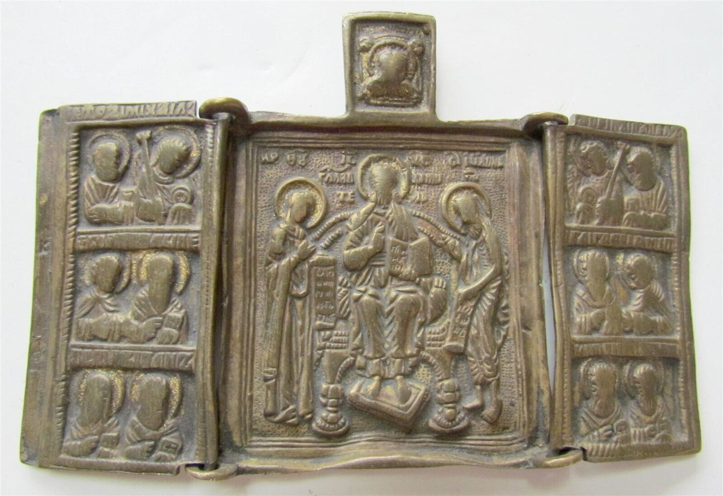 RUSSIAN travelers icon TRIPTYCH of DEISIS W/ SAINTS BRONZE ANTIQUE 18th century