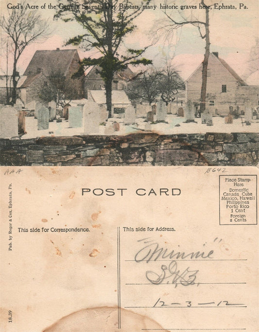 EPHRATA PA CEMETERY GOD'S ACRE GERMAN SEVEN DAYS BAPTISTS ANTIQUE POSTCARD