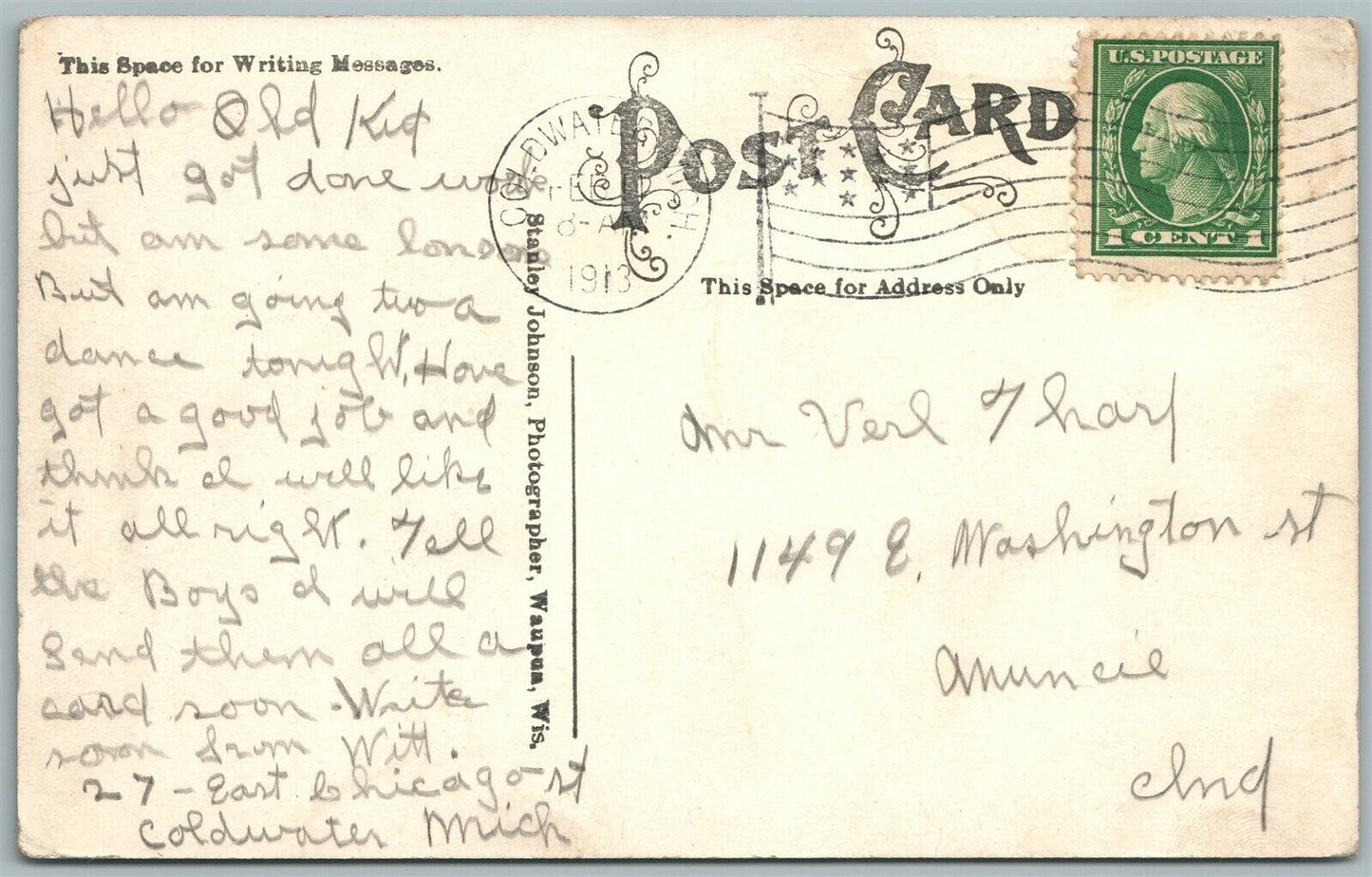 COLDWATER MI FISHING EXAGGERATED 1913 ANTIQUE POSTCARD