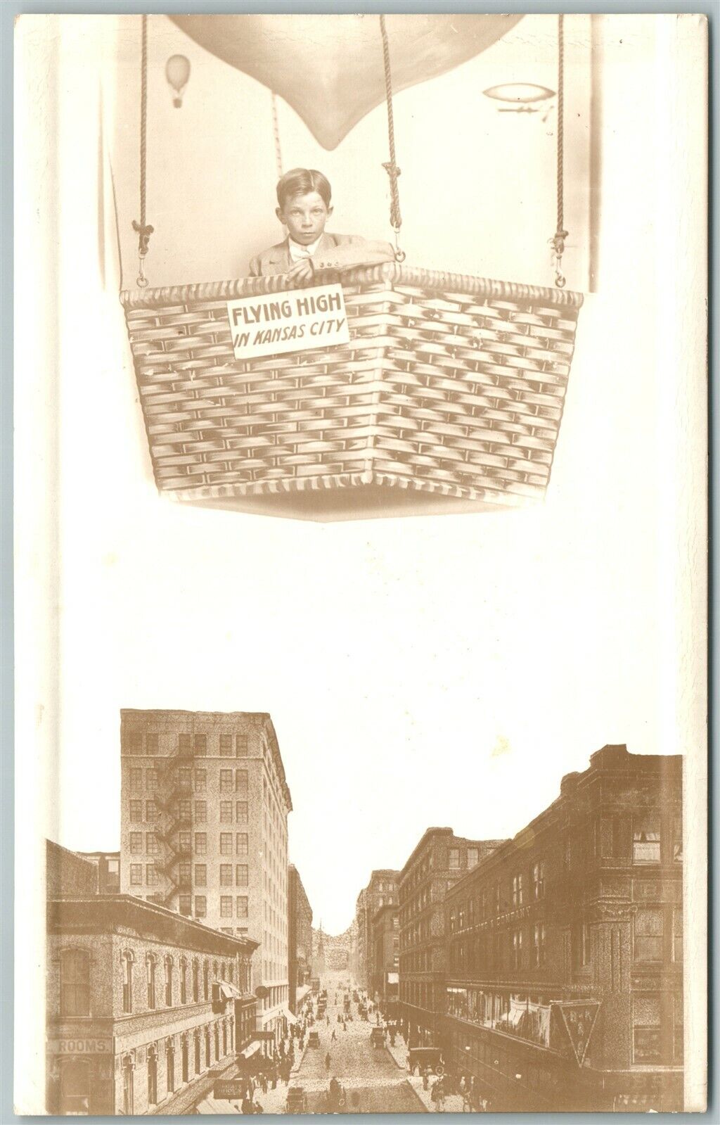 BALLOON OVER KANSAS CITY MO PHOTOMONTAGE 1911 ANTIQUE REAL PHOTO POSTCARD RPPC