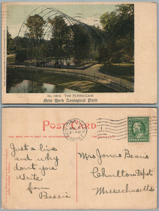 NEW YORK ZOO THE FLYING CAGE 1909 ANTIQUE POSTCARD