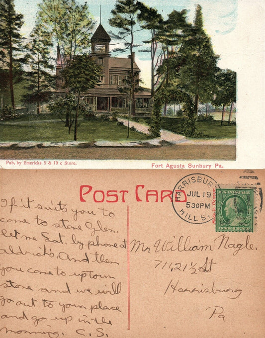 SUNBURY PA FORT AUGUSTA 1909 ANTIQUE POSTCARD  w/ CORK CANCEL