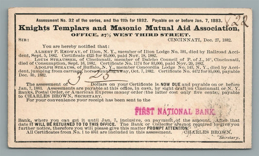 1882 CINCINNATI OH MASONIC KNIGHT of TEMPLARS AID ASSOCIATION ANTIQUE POSTCARD