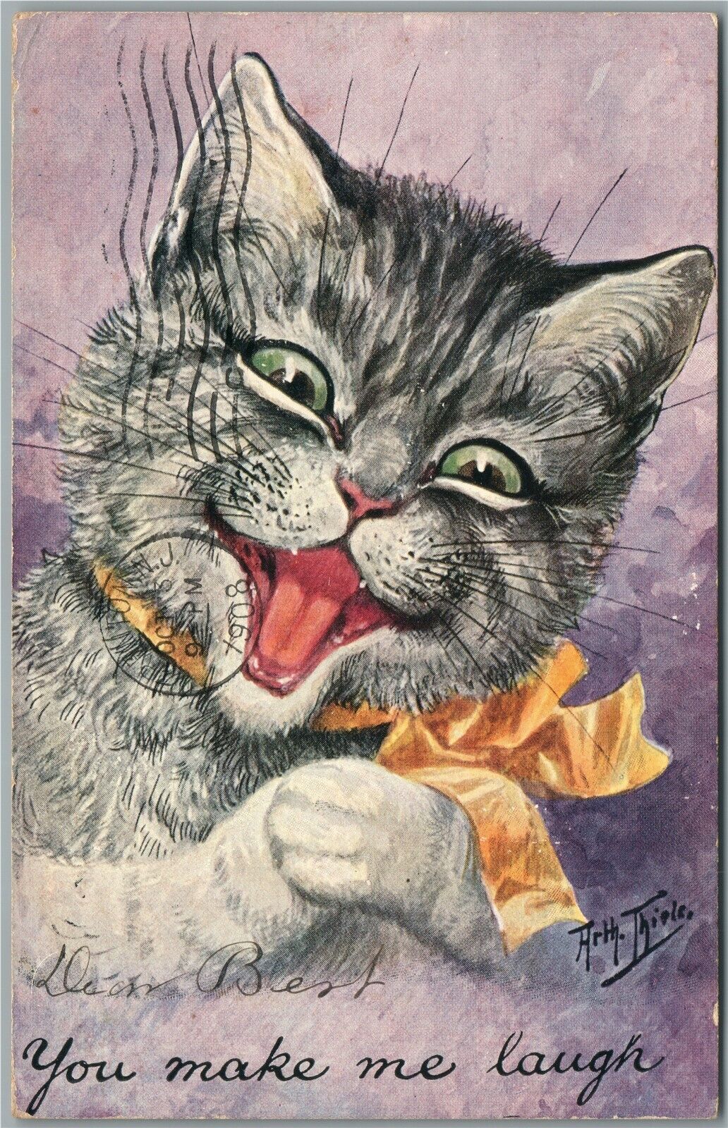 LAUGHING CAT ARTIST SIGNED A. THIELE ANTIQUE POSTCARD