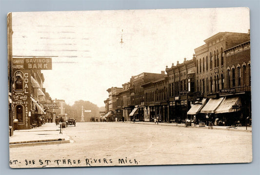 THREE RIVERS MI EAST STREET ANTIQUE REAL PHOTO POSTCARD RPPC BICYCLE STORE SIGNS