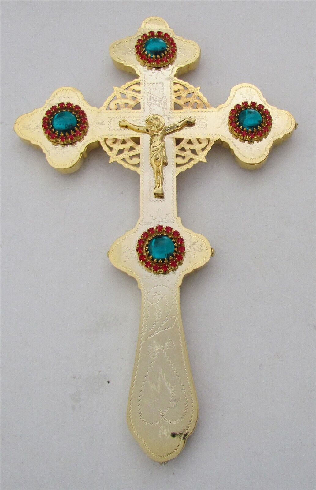 GREEK RUSSIAN ORTHODOX CHURCH BLESSING CROSS CRUCIFIX brass enamel